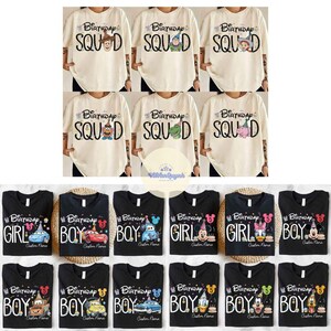 Op de afbeelding: Een verzameling cr&egrave;mekleurige en zwarte t-shirts. Cr&egrave;mekleurige shirts hebben de tekst "Birthday Squad" met stripfiguren. Zwarte shirts zeggen "Birthday Girl" of "Birthday Boy" met stripfiguren en "Custom Name".