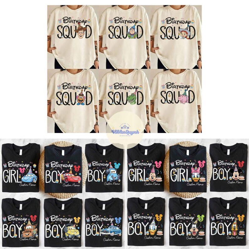 Op de afbeelding: Een verzameling cr&egrave;mekleurige en zwarte t-shirts. Cr&egrave;mekleurige shirts hebben de tekst "Birthday Squad" met stripfiguren. Zwarte shirts zeggen "Birthday Girl" of "Birthday Boy" met stripfiguren en "Custom Name".
