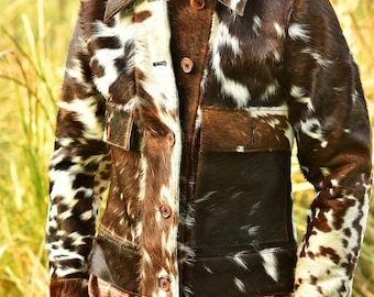Western-Rindlederlederjacke - Patchwork-Mantel im Cowboy-Stil - Vintage Hair-on-Hide-Pelzoberbekleidung - Rodeo Western Wear