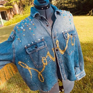 Handmade Rhinestone Denim Fringe Jacket: Western Cowgirl Outfit