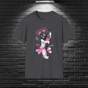 Funny Unisex T-Shirt with Cartoon Dog & Gun  Perfect for Casual Wear
