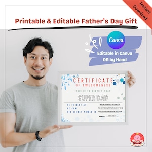 Certificat modifiable pour la fête des pères - Trophée super papa à personnaliser pour les enfants - A4 imprimable et lettre US - Lien Canva inclus