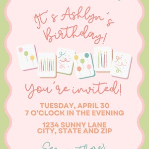 May include: A rectangular birthday invitation card with a scalloped green border on a light pink background. It features Mah Jong tiles decorated with balloons, candles, and confetti. Text reads: OH MAH JONG, It's Ashlyn's Birthday! You're invited! TUESDAY, APRIL 30 7 O'CLOCK IN THE EVENING 1234 SUNNY LANE CITY, STATE AND ZIP See you there!