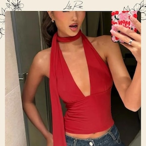 Backless Deep V Halter Crop Top with Scarf Tie Detail—Red and Black Sexy Clubwear Top for Night Out, Parties, or Summer Styling