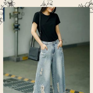 Cropped Ripped Wide Leg Jeans for Women | Casual High Waist Loose Fit Distressed Denim | Vintage Streetwear Look