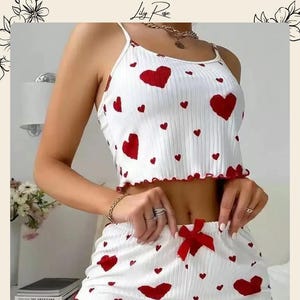 Heart Print White Sleepwear Set with Ruffled Trim—Cute and Comfy Cami Top and Shorts Pajama Set in Red, Black, or Blue Hearts