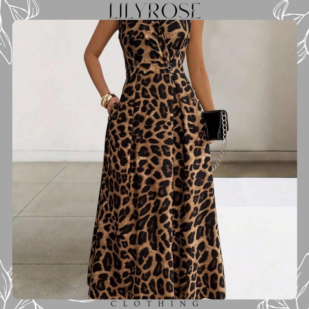 Lapel neck Leopard Print Long Sleeve with Belt Maxi Dress main image 1