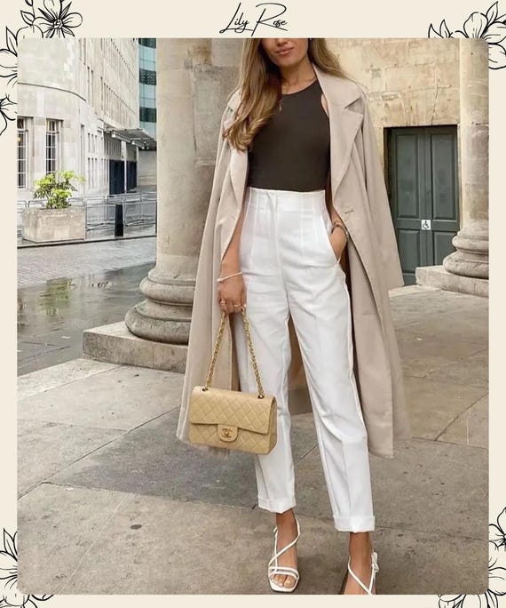 Ropa Pantalon Beige Para Mujer Pantalones Rectos De Cintura Alta