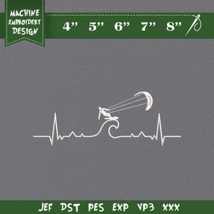 Peut inclure: Motif de broderie machine blanc sur fond gris. Le motif représente une ligne de battement de cœur stylisée avec un surfeur sur une vague et un cerf-volant. Le texte "MACHINE EMBROIDERY DESIGN" est en haut à gauche. Tailles de 10.16cm à 20.32cm.