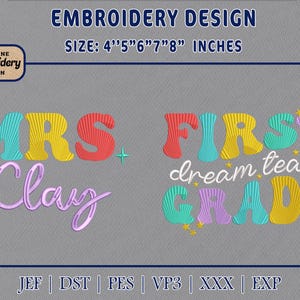 Könnte beinhalten: Ein Stickdesign mit den Wörtern "MRS Clay" und "FIRST dream team GRADE" in farbenfrohen Buchstaben im Retro-Stil. Das Design enthält den Text "EMBROIDERY DESIGN" und Größenangaben in Zoll. Das Bild zeigt auch das Logo "MACHINE embroidery DESIGN".