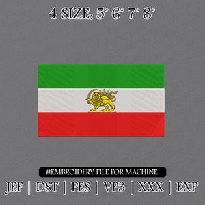 Può includere: Toppa ricamata con la bandiera iraniana, con strisce orizzontali verdi, bianche e rosse. La striscia bianca centrale mostra un emblema dorato di leone e sole. Disponibile in 4 misure: 12,7 cm, 15,2 cm, 17,8 cm e 20,3 cm. Testo: "#EMBROIDERY FILE FOR MACHINE".