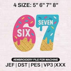 May include: Embroidered patches featuring the numbers six and seven, designed to resemble ice cream cones. The number six is pink with the word "SIX" in white, and the number seven is blue with the word "SEVEN". The patches are available in sizes 5", 6", 7", and 8".