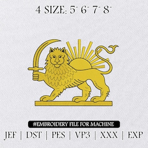 Puede incluir: Un león dorado con una espada y un sol naciente bordado sobre fondo blanco. En la parte superior, el texto "4 SIZE: 5" 6" 7" 8"". Debajo, el texto "#EMBROIDERY FILE FOR MACHINE".