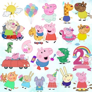 May include: A collection of Peppa Pig character illustrations including Peppa, George, and friends in various outfits and poses, featuring a yellow sun, colourful balloons, a red car, a green dinosaur, and the numbers two and six with a rainbow.