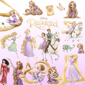Könnte beinhalten: Eine Sammlung von Disney Rapunzel-Aufklebern mit der Hauptfigur mit langem blonden Haar in verschiedenen Posen, einem weißen Pferd, einem grünen Chamäleon, einer schwebenden Laterne und dem Disney Rapunzel-Logo in dekorativer Schrift.