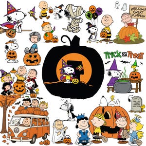 Puede incluir: Una colección de ilustraciones de Halloween de Peanuts con Snoopy, Charlie Brown y amigos disfrazados con calabazas, una furgoneta y un caldero. El texto incluye Trick or Treat, Welcome Great Pumpkin y Here Lies A Dearly Departed Scary Story.