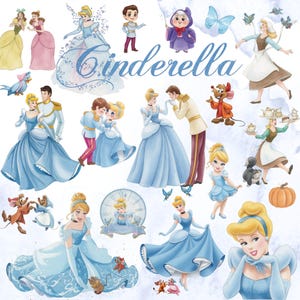 May include: A digital illustration collection featuring Cinderella characters, including Cinderella in various blue gowns, the prince, the fairy godmother, mice, and a pumpkin. The word Cinderella is written in blue script in the centre.