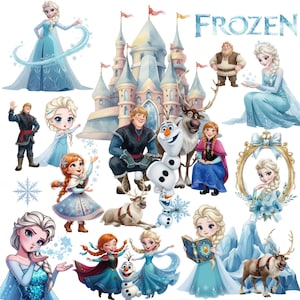 Puede incluir: Una colección de ilustraciones de personajes de Frozen que incluye a Elsa, Anna, Kristoff, Olaf y Sven, junto a un gran castillo, copos de nieve y el logotipo de Frozen. Los personajes aparecen en varias poses, de pie y sentados.