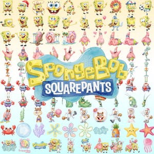 Puede incluir: Una colección de ilustraciones de personajes de Bob Esponja que incluye a Bob, Patricio Estrella, Calamardo, Don Cangrejo, Arenita Mejillas, Gary el caracol y Plankton en varias poses, centradas alrededor del logotipo de Bob Esponja.