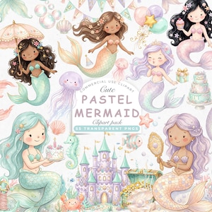 Può includere: Una collezione di clipart digitali con diverse illustrazioni di sirene con varie tonalità di pelle e colori di capelli, creature marine, un castello ed elementi di compleanno. Il testo centrale recita: COMMERCIAL USE CLIPART Cute PASTEL MERMAID Clipart pack 55 TRANSPARENT PNGS.