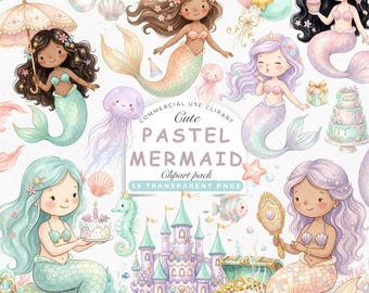Pastel Mermaid Clipart, Under the Sea PNG, Mermaid Birthday Graphics, Watercolor Mermaid Tails, Sea Princess, Underwater Castle