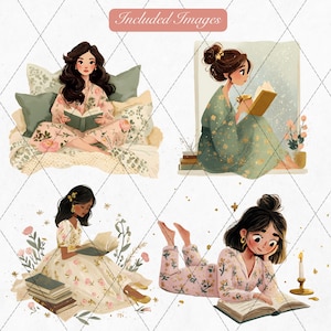 Floral reading girl clipart PNG — gouache illustrated woman reading book in bed with blush pink dress and gold accents, bookish aesthetic planner sticker, commercial use included