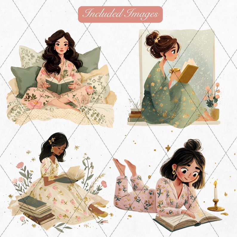 Floral reading girl clipart PNG — gouache illustrated woman reading book in bed with blush pink dress and gold accents, bookish aesthetic planner sticker, commercial use included