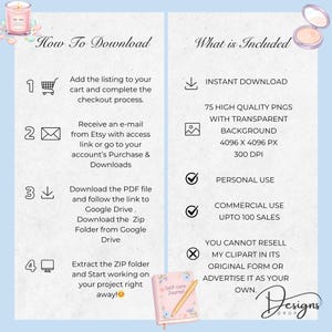 May include: A light blue digital download graphic with instructions on how to download and what is included. The image includes a shopping cart, envelope, download icon, and computer icon. The text includes "Instant Download" and "75 High Quality PNGs with Transparent Background".