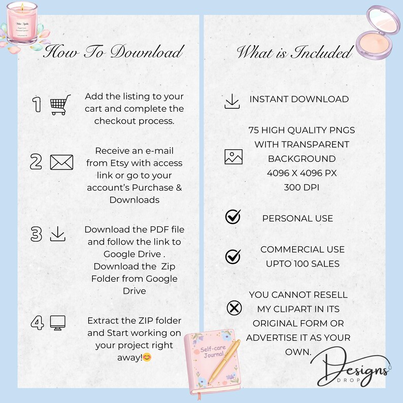 May include: A light blue digital download graphic with instructions on how to download and what is included. The image includes a shopping cart, envelope, download icon, and computer icon. The text includes "Instant Download" and "75 High Quality PNGs with Transparent Background".
