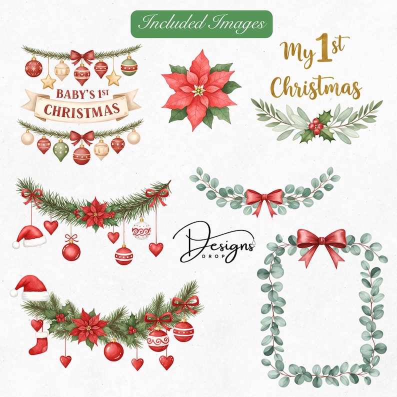 Christmas wreath and garland watercolor frames for invitations and ornaments clipart
