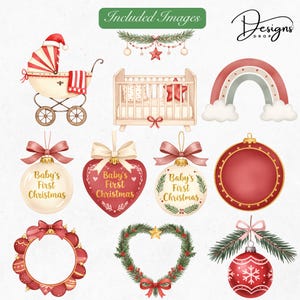 Baby’s First Christmas keepsake clipart watercolor milestone card and decorative elements