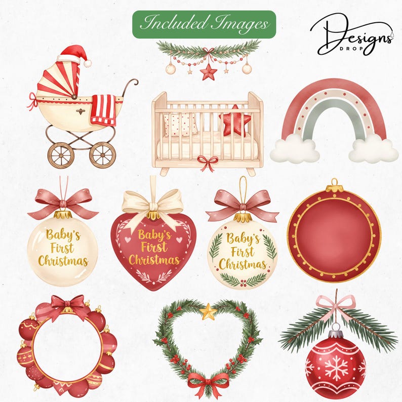 Baby’s First Christmas keepsake clipart watercolor milestone card and decorative elements