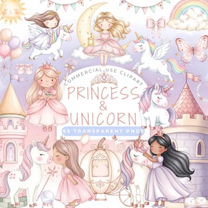Puede incluir: Una colección de imágenes prediseñadas de acuarela con princesas y unicornios. Las ilustraciones incluyen princesas con vestidos rosas, unicornios con crines de arcoíris, castillos y un carruaje. El texto dice "Princess & Unicorn" y "65 Transparent PNGs."