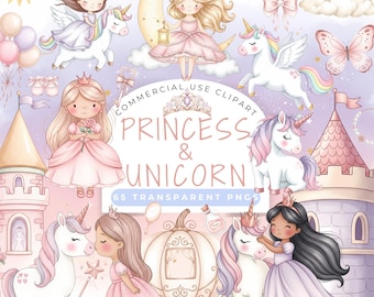 Princess & Unicorn Clipart: Watercolor Pastel Unicorn Kingdom, Castle and Magical Fairytale Elements