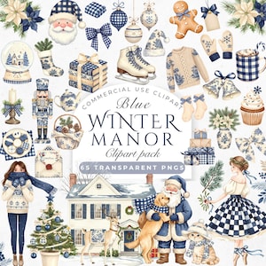 May include: A collection of watercolor illustrations with a winter theme. The images include Santa Claus, a gingerbread man, ice skates, and a snow globe. The color palette is primarily blue and white, with a focus on holiday decorations.