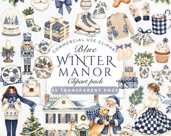 Blue Winter Christmas Clipart: Watercolor Cozy Winter Grandmillennial Cottagecore PNG (Digital Download)