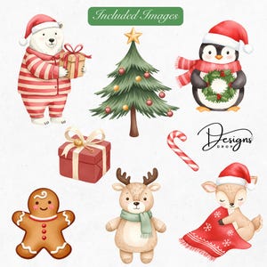 May include: Watercolor illustrations of Christmas characters and elements. Includes a polar bear in striped pajamas, a penguin with a wreath, a decorated Christmas tree, a reindeer, a deer, a gingerbread man, a wrapped gift, and a candy cane. The text "Included Images" is present.