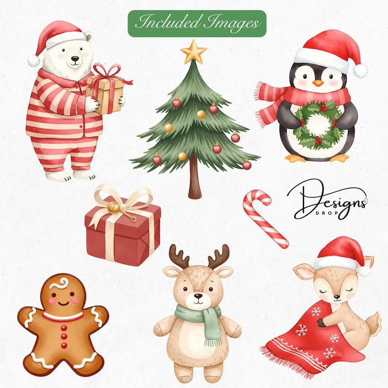 May include: Watercolor illustrations of Christmas characters and elements. Includes a polar bear in striped pajamas, a penguin with a wreath, a decorated Christmas tree, a reindeer, a deer, a gingerbread man, a wrapped gift, and a candy cane. The text "Included Images" is present.