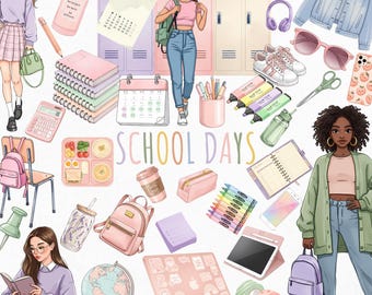 Pastel School Supply Clipart: School Girl, Teacher, Student Clip art. Stationery, Backpack, Laptop, Notebook, Washi