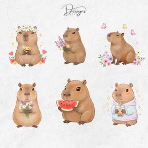 spring capybara clipart, capybara holding wild flowers, capybara eating watermelon, capybara drinking boba tea