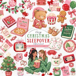 May include: A digital clipart collection featuring a teddy bear in pajamas, two people eating popcorn, a pizza box, a television, a gingerbread man, a Christmas tree, a book, slippers, a mug of cocoa, and various holiday-themed decorative items.