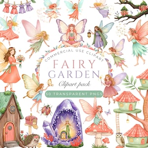 Watercolor Magical Fairy Garden Clipart, Pink Fairy PNG, Cute Fairy Clipart, Enchanted Forest Fairies,Fantasy Woodland Fairytale,Fairy House