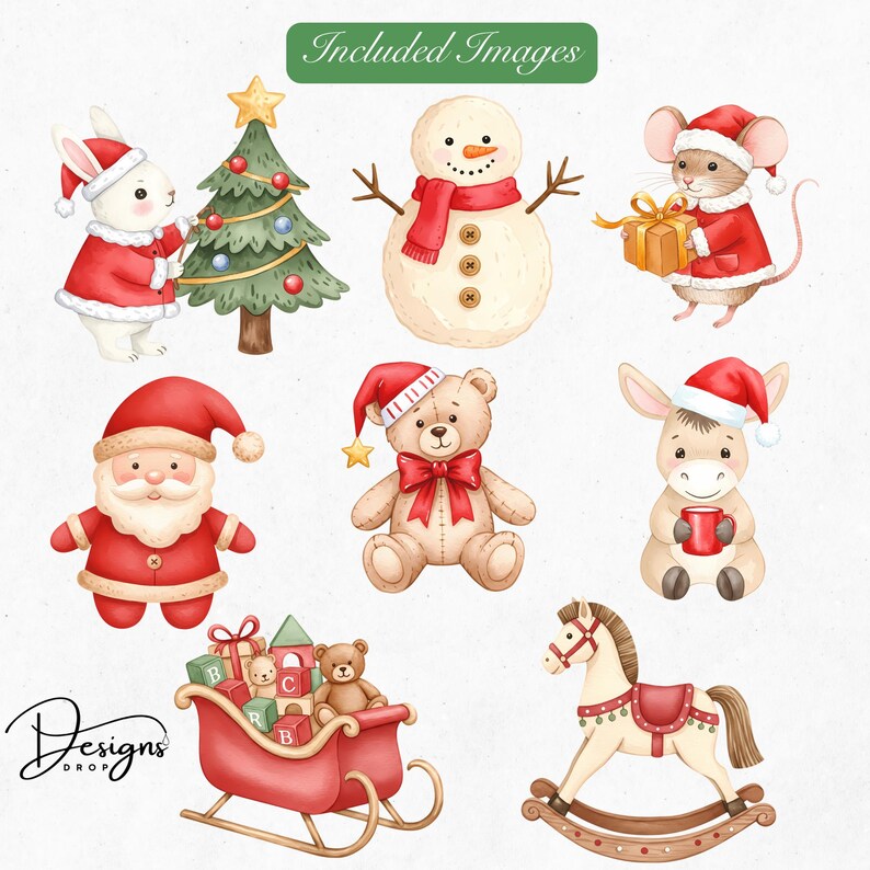 Cute festive baby animals watercolor clipart reindeer bunny bear penguin Christmas PNG