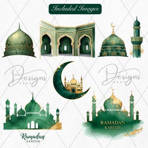 Islamic Ramadan PNG set with mosque arches, crescents and lanterns