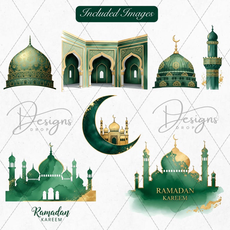 Islamic Ramadan PNG set with mosque arches, crescents and lanterns