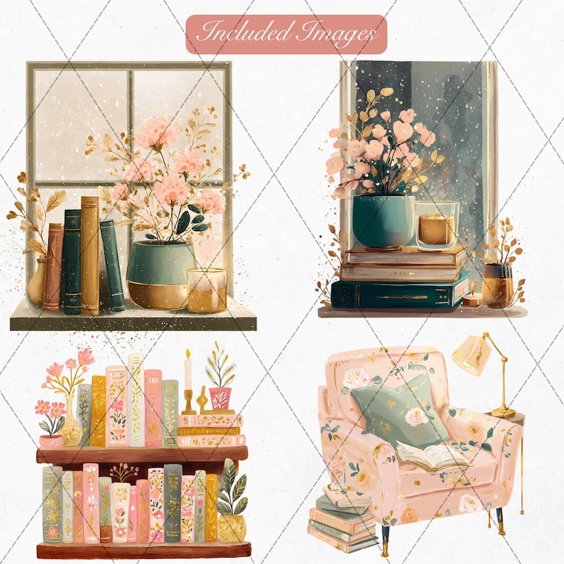 K&ouml;nnte beinhalten: Aquarellillustrationen von gem&uuml;tlichen Leseecken. Die Bilder zeigen B&uuml;cherregale, einen floralen Sessel und Fensterszenen mit B&uuml;chern, Vasen und Blumen. Der Text "Included Images" steht oben.