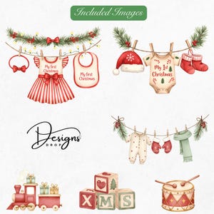 Watercolor baby clothesline garland with onesie hat and booties Christmas clipart PNG