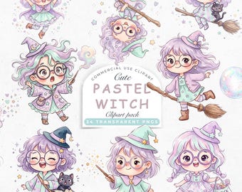 Kawaii Witch Clipart | Cute Pastel Witch and Cat Clip Art | Watercolor Halloween Witch PNG | Nursery Digital Download Sublimation