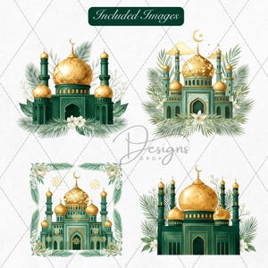 May include: Four watercolor illustrations of mosques with gold domes and green minarets. Each mosque is surrounded by green foliage and white flowers. The text "Included Images" is at the top, and "Designs Drop" is at the bottom.
