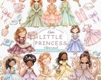 Watercolor Princess Clipart | Cute Baby Princess PNG | Fairytale Castle Carriage Crown | kids Princess Party Clipart | Nursery Decor
